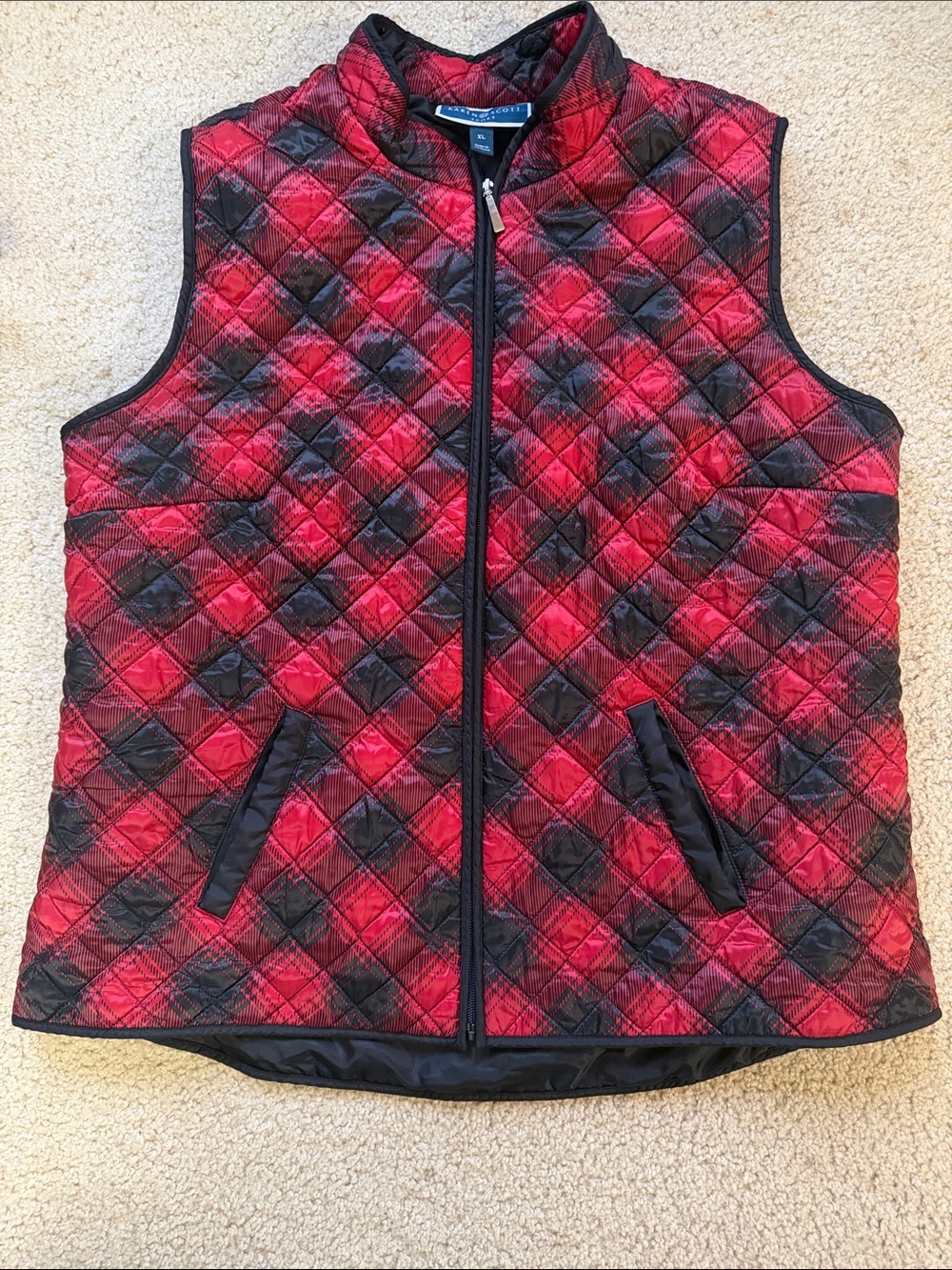 Karen Scott Red and Black Quilted Plaid Vest with Stand Collar